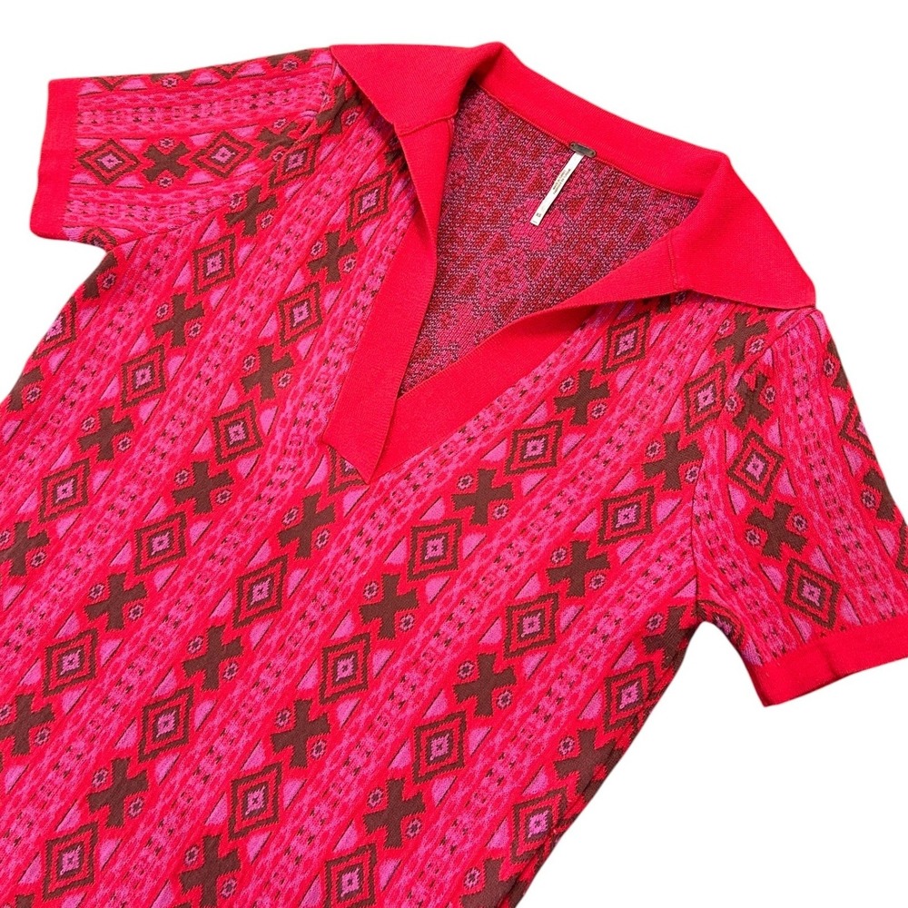 Free People Pink Red Geometric Knit Sweater Polo V-Neck Short Sleeve 70s Boho